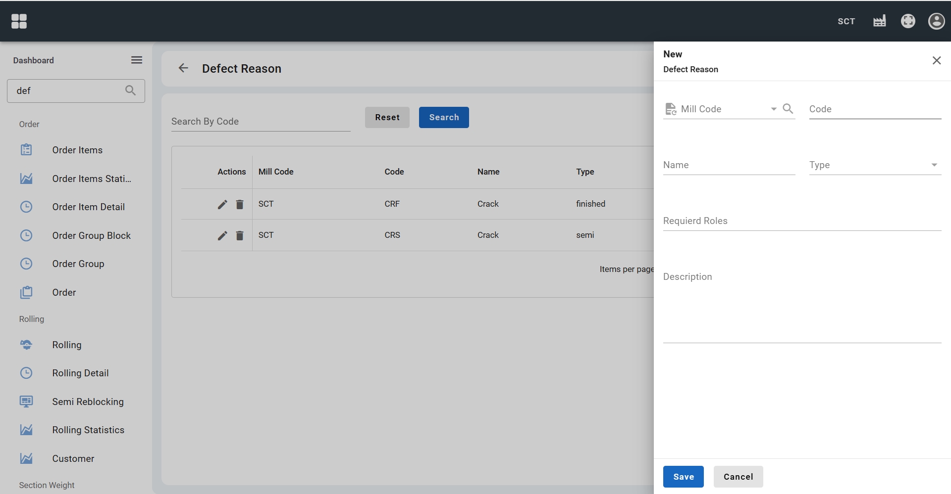 Create defect reason interface