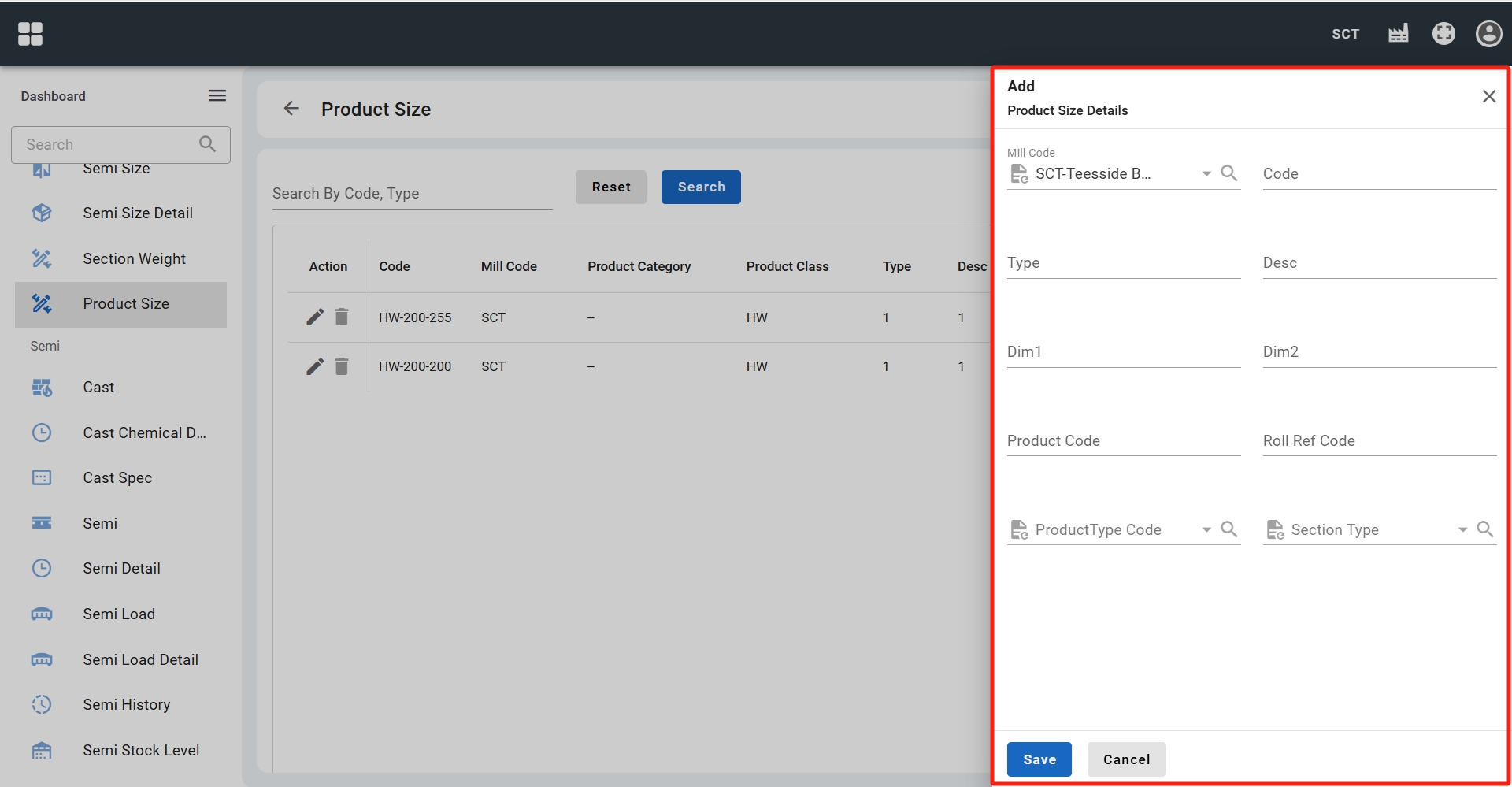 Product dimension creation page