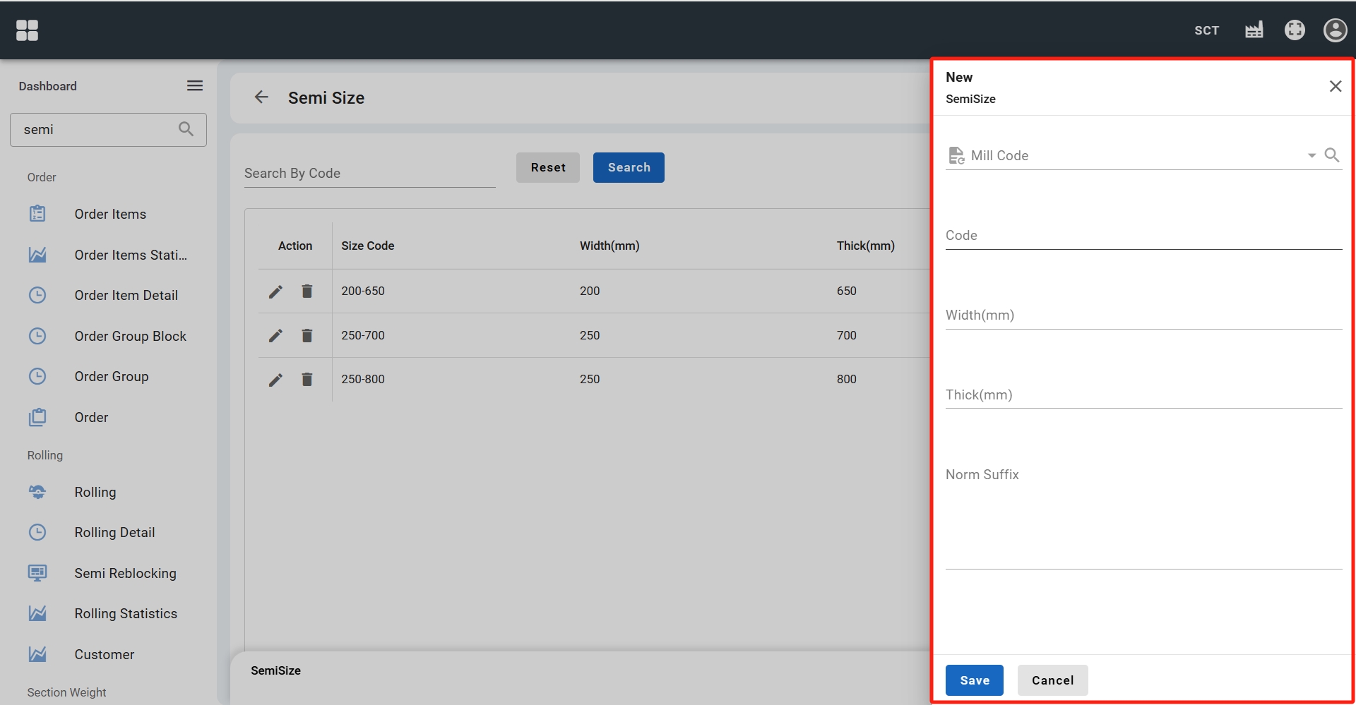 Semi-finished product specification creation page
