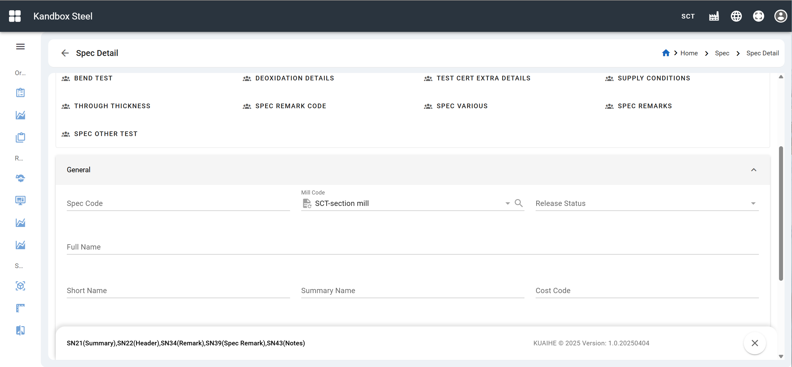 Material specification creation page