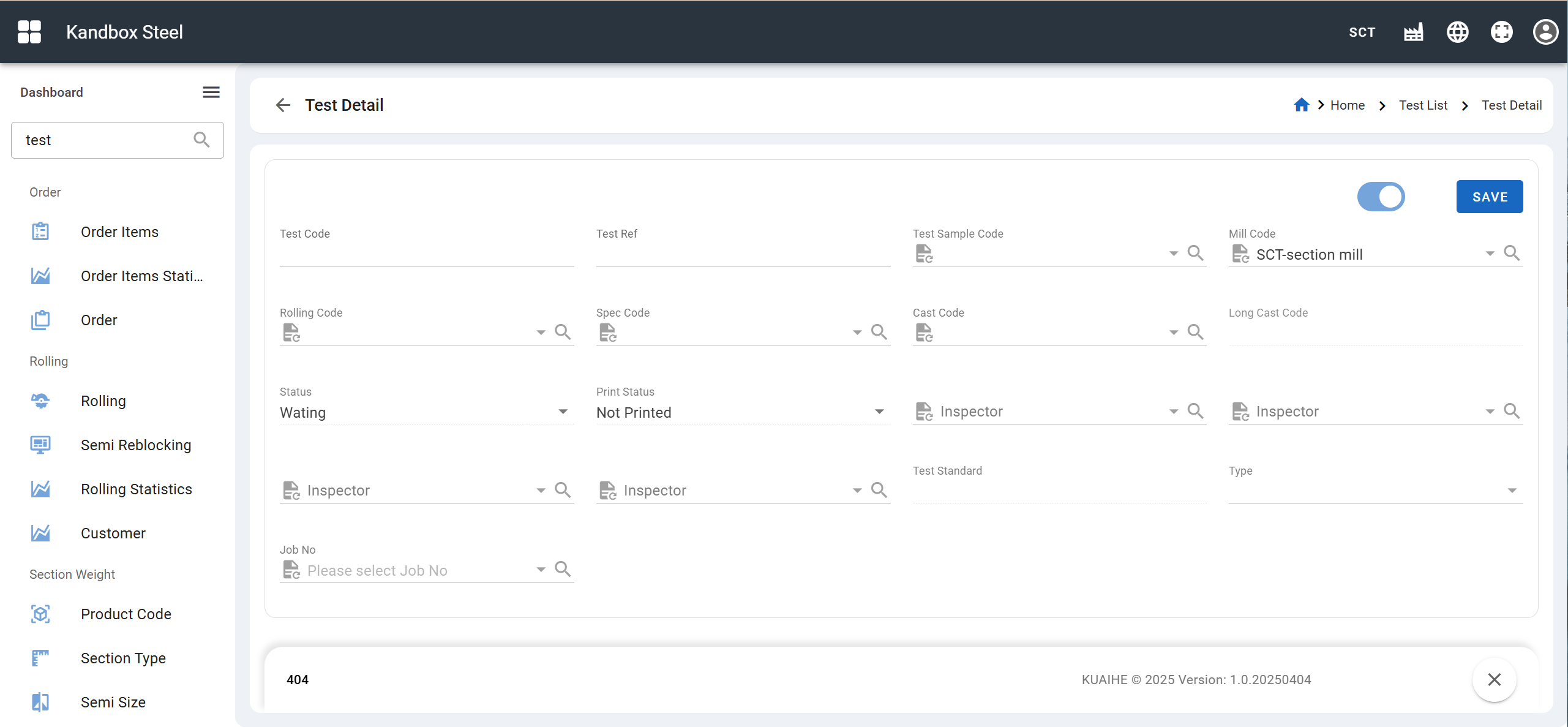 Test creation page