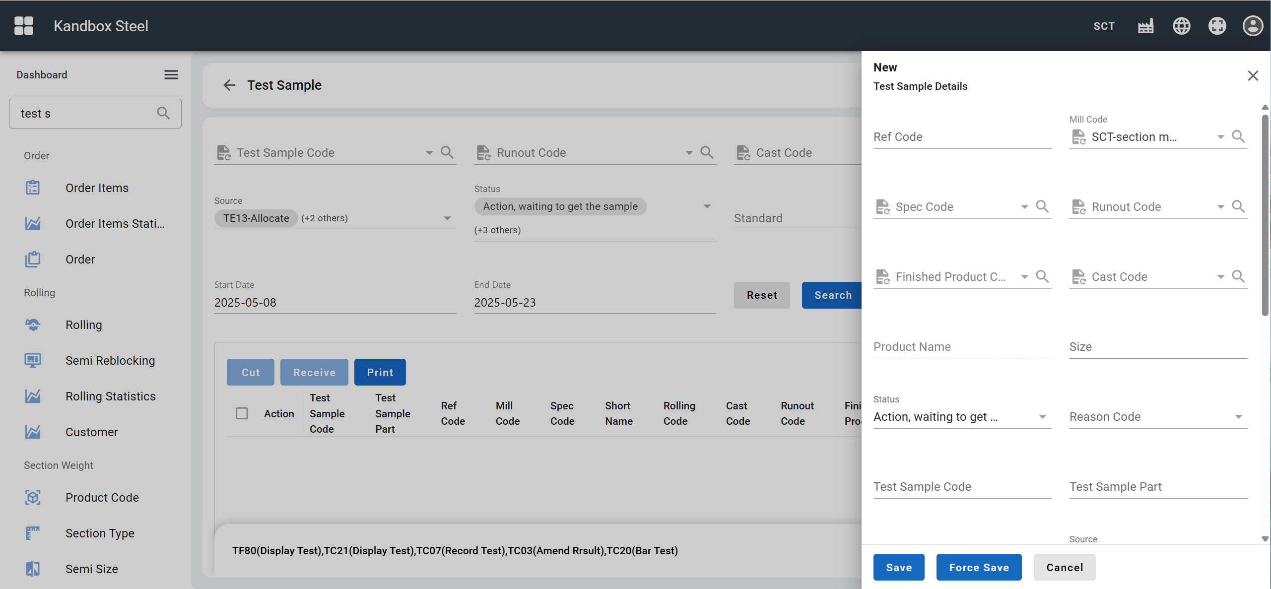 Test sample creation page